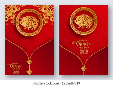 
Happy chinese new year 2019 Zodiac sign with gold paper cut art and craft style on color Background.(Chinese Translation : Year of the pig)