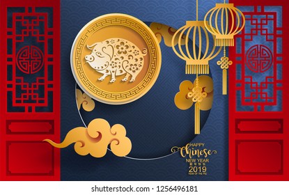 Happy chinese new year 2019 Zodiac sign with gold paper cut art and craft style on color Background.(Chinese Translation : Year of the pig)