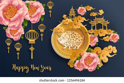 Happy chinese new year 2019 Zodiac sign with gold paper cut art and craft style on color Background.(Chinese Translation : Year of the pig)