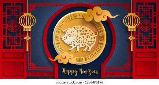 Happy chinese new year 2019 Zodiac sign with gold paper cut art and craft style on color Background.(Chinese Translation : Year of the pig)