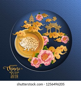 Happy chinese new year 2019 Zodiac sign with gold paper cut art and craft style on color Background.(Chinese Translation : Year of the pig)