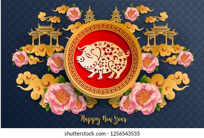 
Happy chinese new year 2019 Zodiac sign with gold paper cut art and craft style on color Background.(Chinese Translation : Year of the pig)