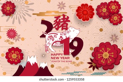 Happy Chinese new year 2019 card with pig. Chinese translation Pig.