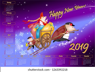 Happy Chinese New Year 2019 calendar. Symbol of the year of the pig in the Russian folklore style.