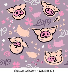 Happy Chinese New Year 2019 year of the pig boar seamless pattern. Zodiac sign for greetings card, invitation, posters, brochure, banners, calendar. Vector illustration Chinese pig's year texture