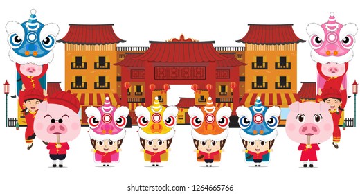 Happy Chinese new year 2019. cute pig and kids Chinese cartoon character.