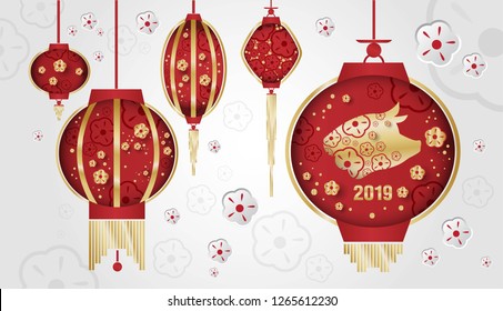 Happy Chinese New Year 2019 year of the yellow pig. Zodiac Symbol 2019. Chinese lanterns decorated with flowers on a white background. Vector illustration for festive card, poster