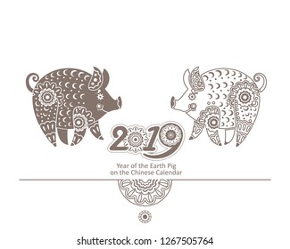 Happy Chinese new year 2019, the year of earth pig. Vector card with two decorative pigs.