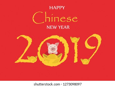 Happy Chinese New Year 2019 with pig and red background New Year greeting card 2019