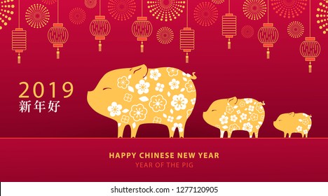 Happy Chinese New Year 2019 banner, poster or greeting card with cute pigs, sakura, traditional lanterns and fireworks. Symbol of Chinese Year of the Pig. Chinese characters mean Happy New Year