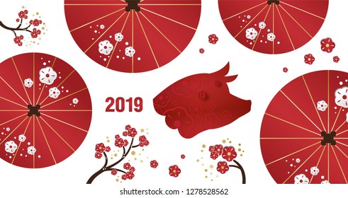 Happy Chinese New Year 2019 year of the yellow pig. Zodiac Symbol 2019. Chinese lanterns decorated with flowers on a white background. Vector illustration for festive card, poster