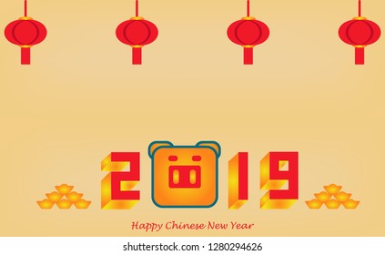 Happy Chinese New Year 2019. The year of the pig. Cartoon in flat design with number 2019 (isometric style) 