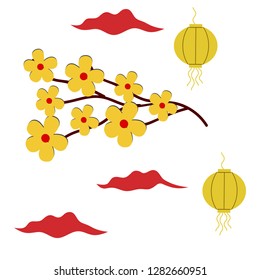 Happy chinese new year 2019 Zodiac sign. Traditional Red hanging lantern and gifts box. Translation hieroglyph Chinese New Year 