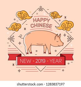 Happy Chinese new year 2019 greeting card template with funny pig or boar drawn with lines on light background. Symbol of traditional calendar, holiday decoration. Vector illustration in linear style.