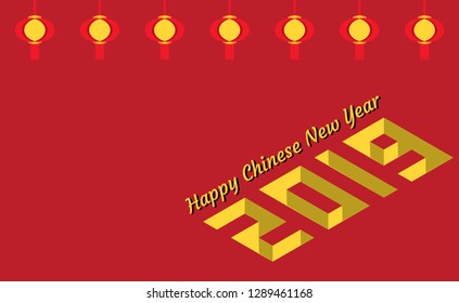 Happy Chinese New Year 2019. The year of the pig. Cartoon in flat design with number 2019 (isometric style) on Red and gold background.