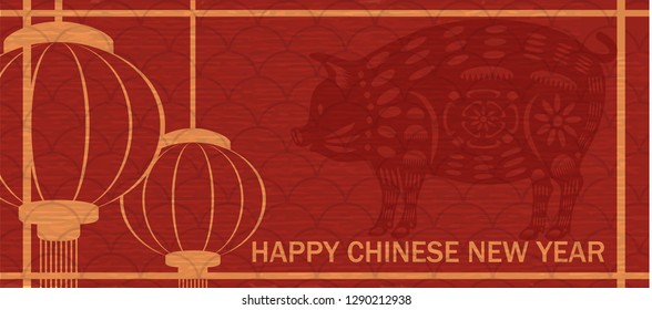 Happy Chinese New Year 2019, Year of the pig, Paper cut style, wealthy, Zodiac sign for greetings card, posters, brochure, calendar