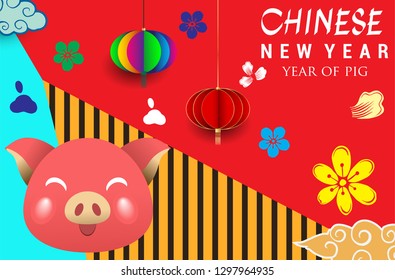 Happy Chinese New Year 2019 greeting card with traditional asian patterns, oriental flowers and clouds in Modern Style. Vector illustration. Hieroglyph - Zodiac Sign Pig - Vector