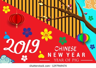 Happy Chinese New Year 2019 greeting card with traditional asian patterns, oriental flowers and clouds in Modern Style. Vector illustration. Hieroglyph - Zodiac Sign Pig - Vector