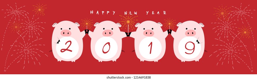 Happy Chinese new year 2019,Chinese symbol of 2019 with four pigs holding sparkler in red background,Vector illustration cute pigs cartoon with happy new year for card, cover and banner