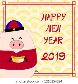 Happy Chinese new year 2019,Chinese symbol of 2019 with three pigs holding Chinese gold ingot in yellow background,Vector pig cartoon with happy new year for card,cover and banner