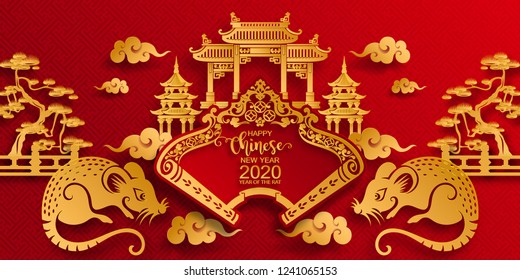 Happy chinese new year 2020 Rat zodiac sign,flower and asian elements with gold paper cut art craft style on color Background for greetings card, invitation. (Translation : Happy new year) Happy chinese new year 2020 Rat zodiac sign,flower and asian elements with gold paper cut art craft style on color Background for greetings card, invitation. (Translation : Happy new year)