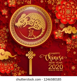 Happy chinese new year 2020 Rat zodiac sign,flower and asian elements with gold paper cut art craft style on color Background for greetings card, invitation. (Translation : Happy new year)
