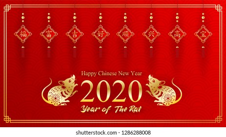 happy chinese new year 2020 greeting card design template. golden chinese calligraphy for 2020 new year of the rat on red background.