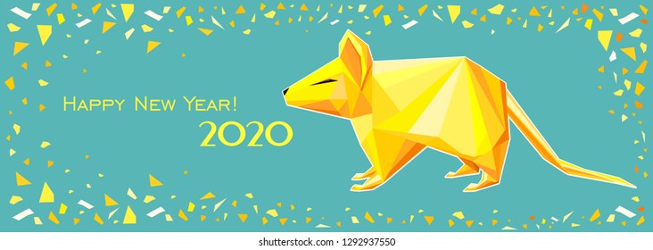 Happy chinese new year 2020. Greeting card. Celebration mint background with gold Rat and place for your text. Winter holiday. Art design celebrate party invitation template.  Vector illustration