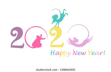 Happy chinese new year 2020 Rat zodiac sign. Celebration background with mouses and place for your text. Rat sign. Lettering numbers calendar front page template greeting card design. Vector 