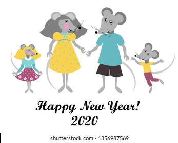 Happy Chinese New Year 2020 year of the rat. Funny mouses. Mouse Family Father, Mother, daughter and son. Zodiac sign for greetings card, invitation, posters, banners, calendar. Vector illustration. 