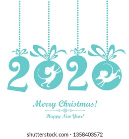 Happy Chinese New Year 2020 year of the rat. Funny mouses with christmas ball. Zodiac sign for greetings card, invitation, posters, banners, calendar. Vector illustration.
