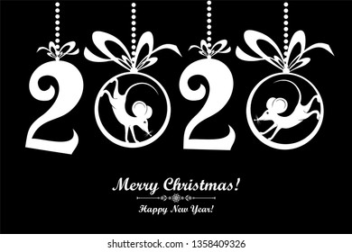 Happy Chinese New Year 2020 year of the rat. Funny mouses with christmas ball. Zodiac sign for greetings card, invitation, posters, banners, calendar. Vector illustration.