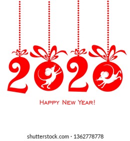 Happy Chinese New Year 2020 year of the rat. Funny white mouses with red christmas ball. Zodiac sign for greetings card, invitation, posters, calendar. Winter holidays. Horizontal banner.  Vector