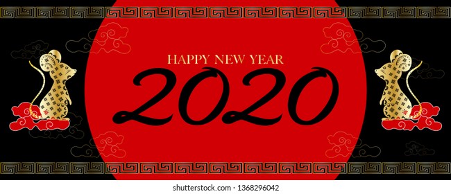 Happy Chinese new year 2020 with Golden Rat Zodiac Paper cut and Chinese pattern border line with black and red background, Chinese new year greetings card, invitation and banner