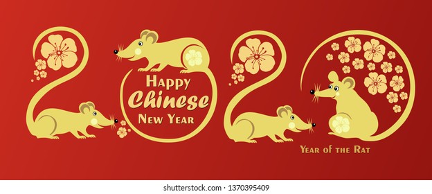 Happy Chinese New Year 2020 year of the rat. Lunar new year 2020. Zodiac sign for greetings card, invitation, posters, banners, calendar. Celebration red background with Rats and place for your text. 