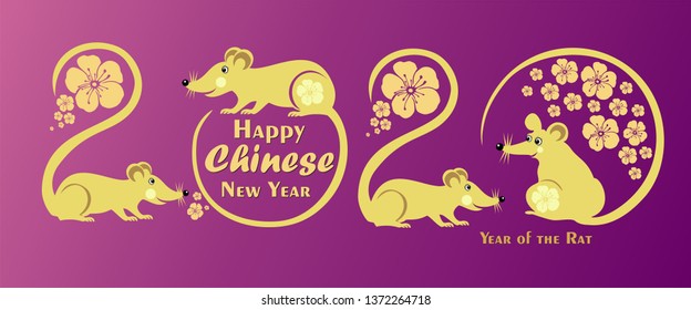 Happy Chinese New Year 2020 year of the rat. Lunar new year 2020. Zodiac sign for greetings card, invitation, posters, banners, calendar. Celebration  background with Rats and place for your text. 