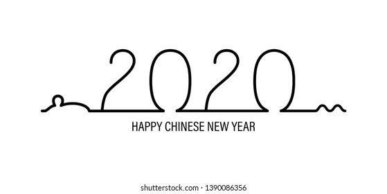 Happy Chinese New Year 2020 one line illustration. Vector illustration is isolated on white background. Illustration of rat and new year 2020 in minimalism style. Can be used for print, as postcard.