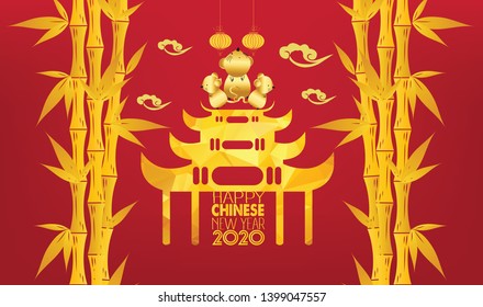 Happy Chinese New Year 2020 year of the rat. Chinese card design with bamboo background. Chinese characters mean Happy New Year