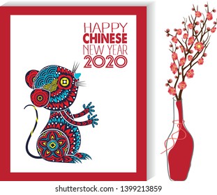 Happy Chinese New Year 2020 year of the rat. Chinese characters mean Happy New Year, wealthy, Zodiac sign for greetings card, flyers, invitation, posters, brochure, banners, calendar