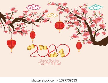 Happy Chinese new year 2020, year of the rat with cute cartoon rat. Chinese wording translation happy Chinese new year