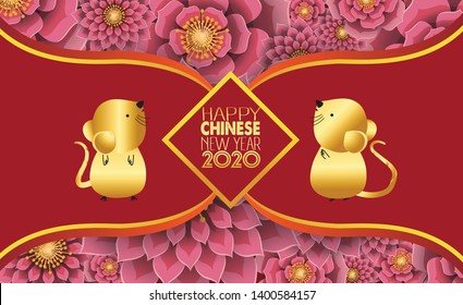 Happy Chinese new year 2020, year of the rat with cute cartoon rat. Chinese wording translation happy Chinese new year