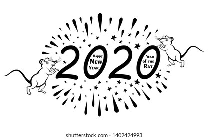 Happy Chinese New Year 2020 year of the rat. Celebration white background with White Rats, firework and place for your text. Funny sketch mouse with long tail. Vector illustration. 