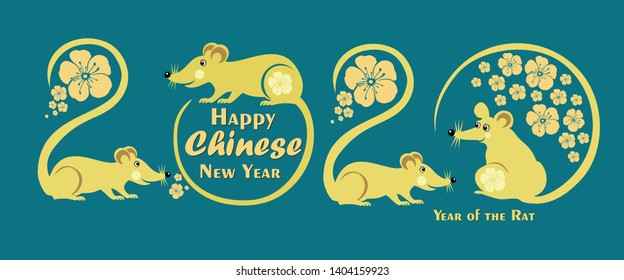 Happy Chinese New Year 2020 year of the rat. Lunar new year 2020. Zodiac sign for greetings card, invitation, posters, calendar. Celebration  mint background with gold Rats and place for your text.