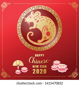 Happy Chinese new year 2020. Year of the rat. Colorful hand crafted art paper cut style. Vector illustration EPS10. 