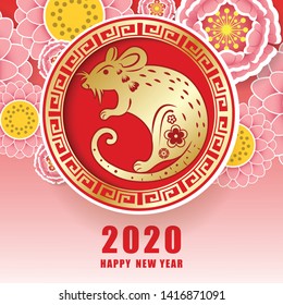 Happy Chinese new year 2020. Year of the rat. Colorful hand crafted art paper cut style. Vector illustration EPS10. 