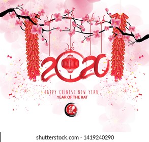 Happy Chinese New Year 2020 year of the rat,Chinese characters mean Happy New Year, wealthy. lunar new year 2020.