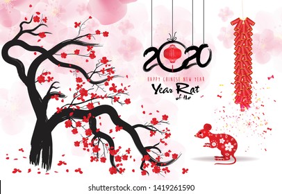 Happy Chinese New Year 2020 year of the rat,Chinese characters mean Happy New Year, wealthy. lunar new year 2020.