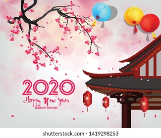 Happy Chinese New Year 2020 year of the rat,Chinese characters mean Happy New Year, wealthy. lunar new year 2020.