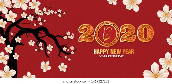 Happy Chinese New Year 2020 year of the rat,Chinese characters mean Happy New Year, wealthy. lunar new year 2020.