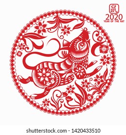 Happy chinese new year 2020 year of the rat zodiac sign paper cut art and craft style.( Chinese Translation : Year of the rat )